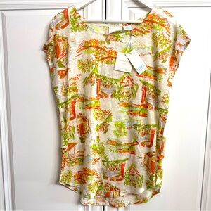 Cynthia Rowley Size Large Linen White with Orange-Green Print Cap Sleeve Tee